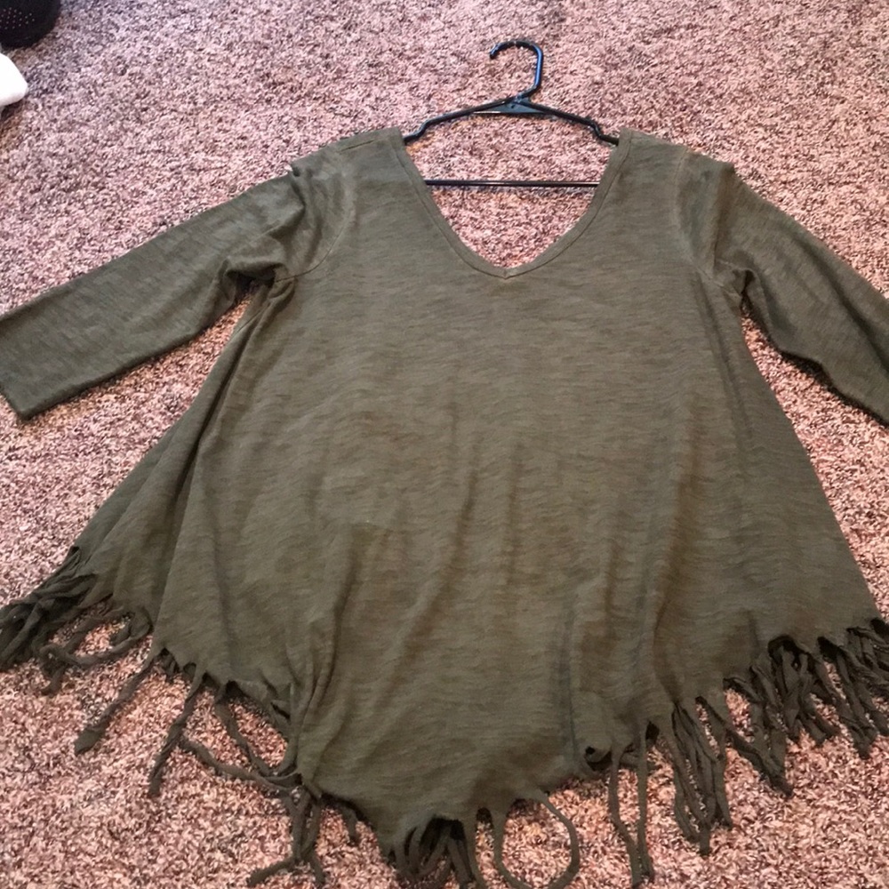 Army green fringe top